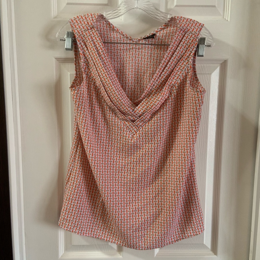 Worthington White/Tan/Orange Print V Neck Blouse S